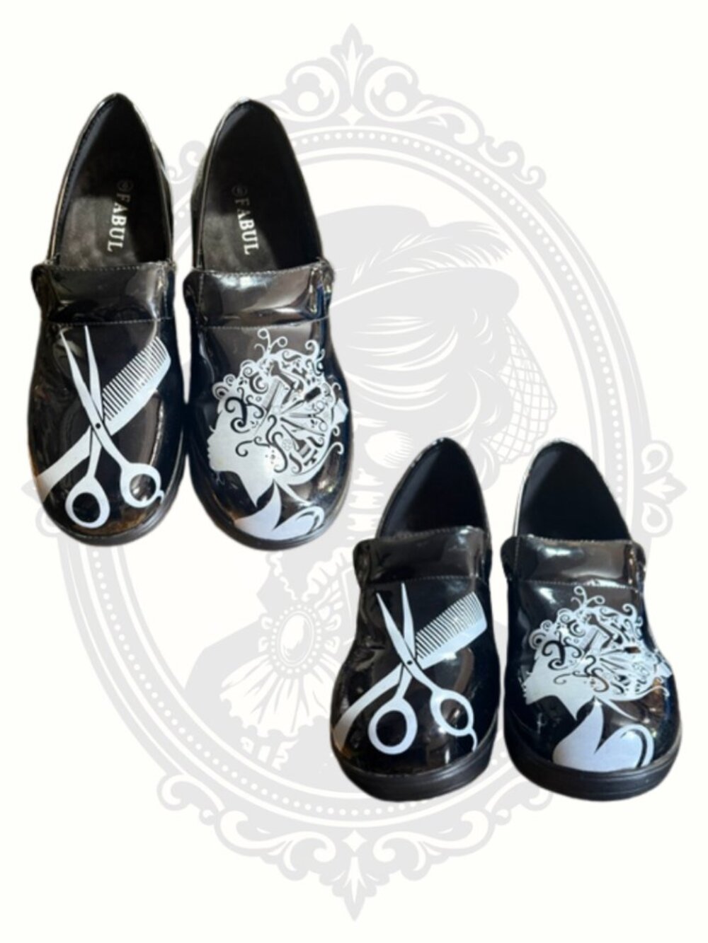Retro Salon Stylist Slip-On Shoes Scissor Print Black Size 6